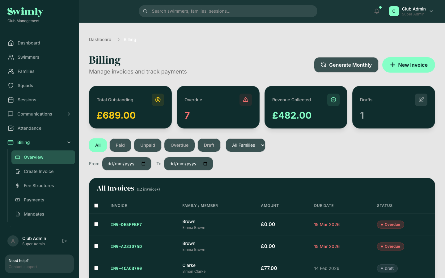 Swimly billing dashboard showing invoices and payment status