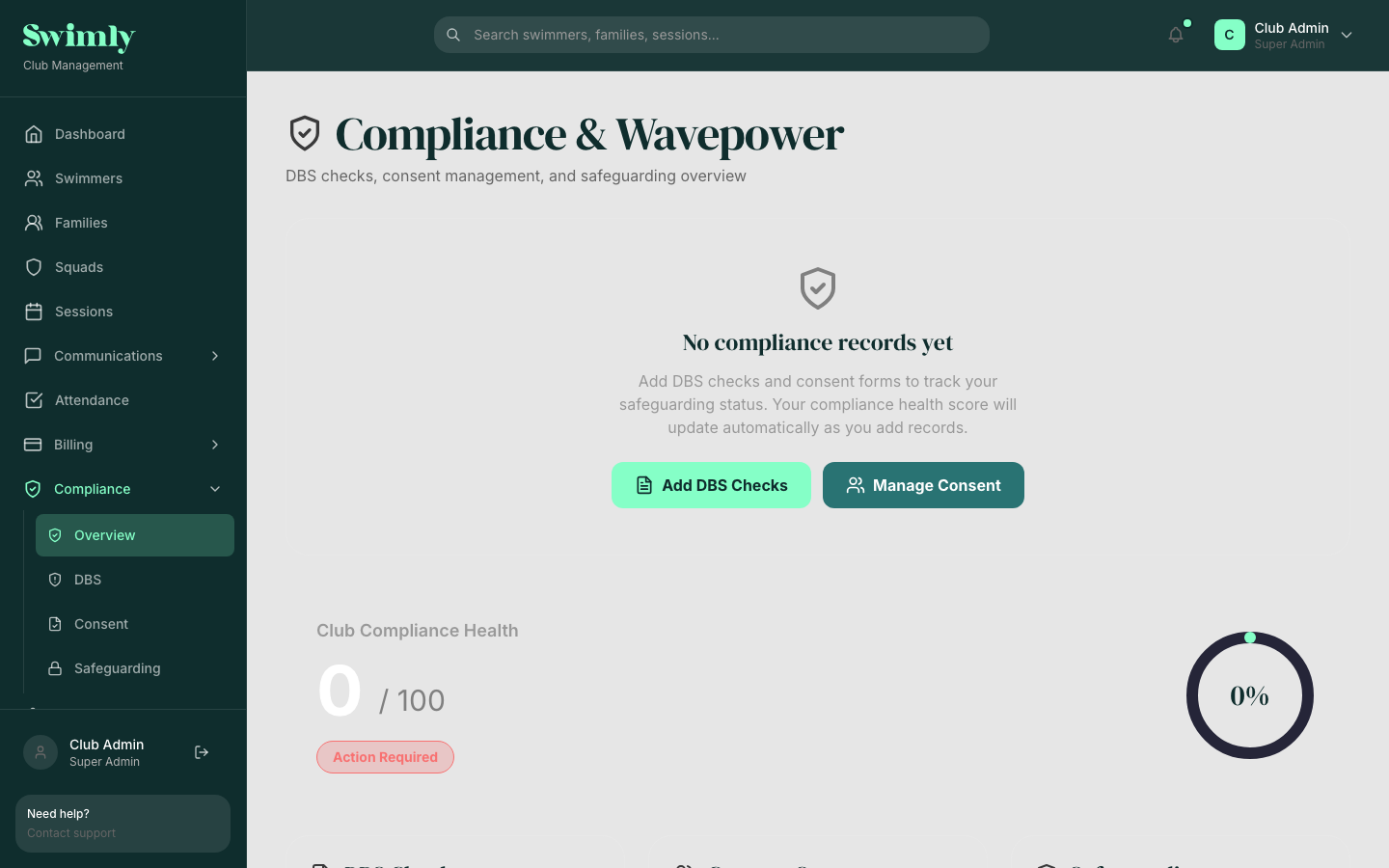 Swimly compliance dashboard showing DBS checks and safeguarding status
