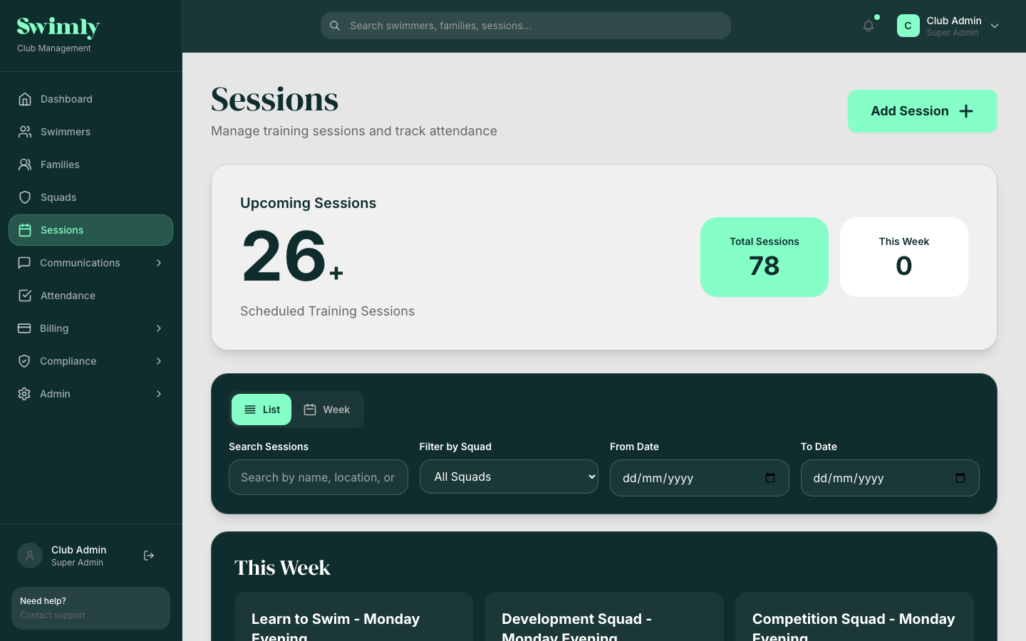 Swimly session management showing weekly schedule and squad assignments
