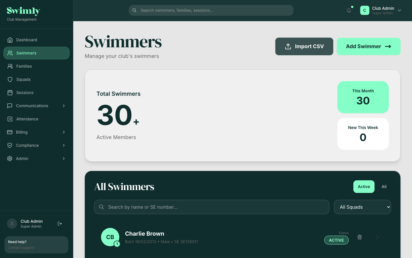 Swimly membership database showing swimmer profiles and squad assignments