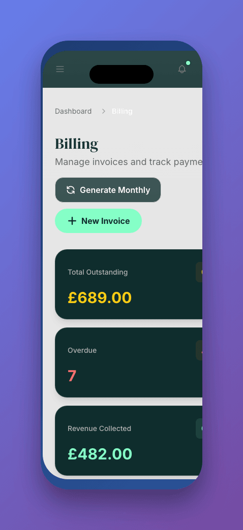 Swimly billing view on an iPhone for on-the-go payment tracking