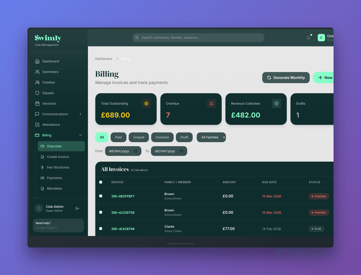 Swimly billing page showing automated Direct Debit collections