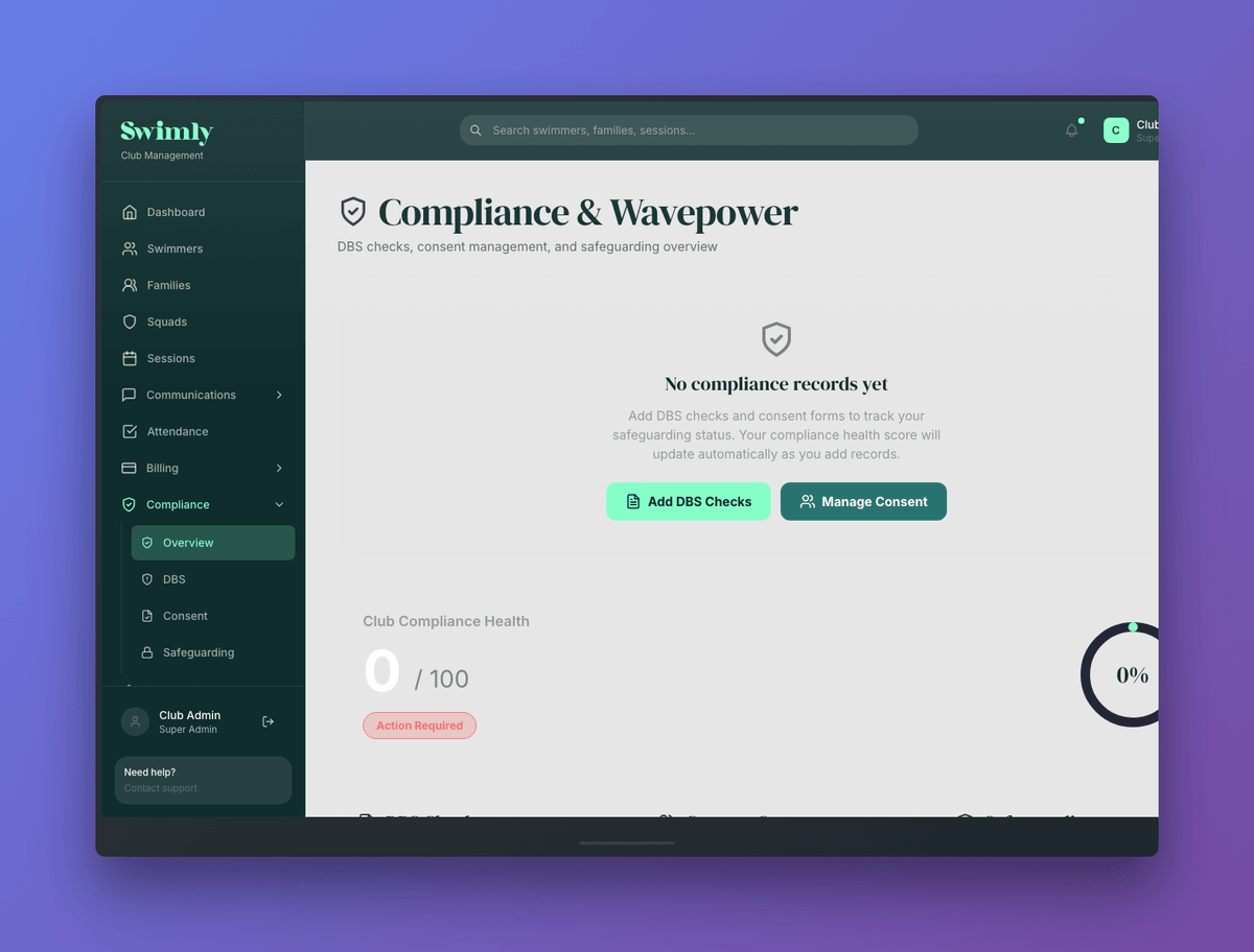 Swimly compliance dashboard on a MacBook showing DBS checks, consent status, and safeguarding overview