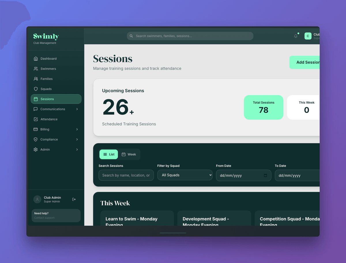 Swimly session scheduling on a MacBook showing upcoming training sessions and weekly calendar