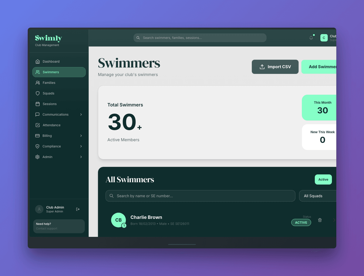 Swimly swimmers management page on a MacBook showing member database with search and filtering