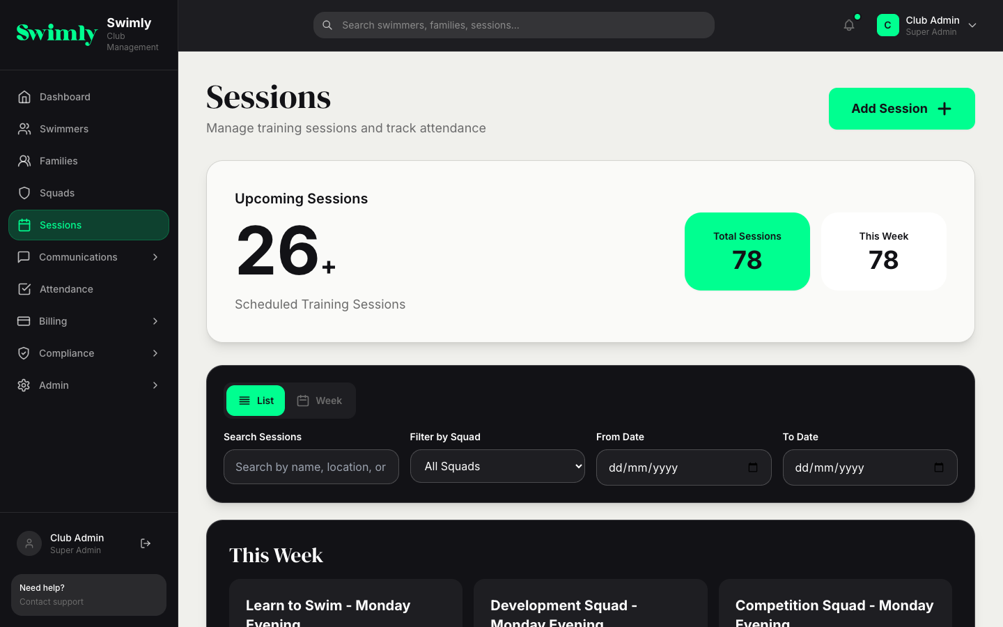 Session scheduling view showing weekly squad timetable